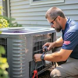 HVAC technician checking AC condenser outside a home